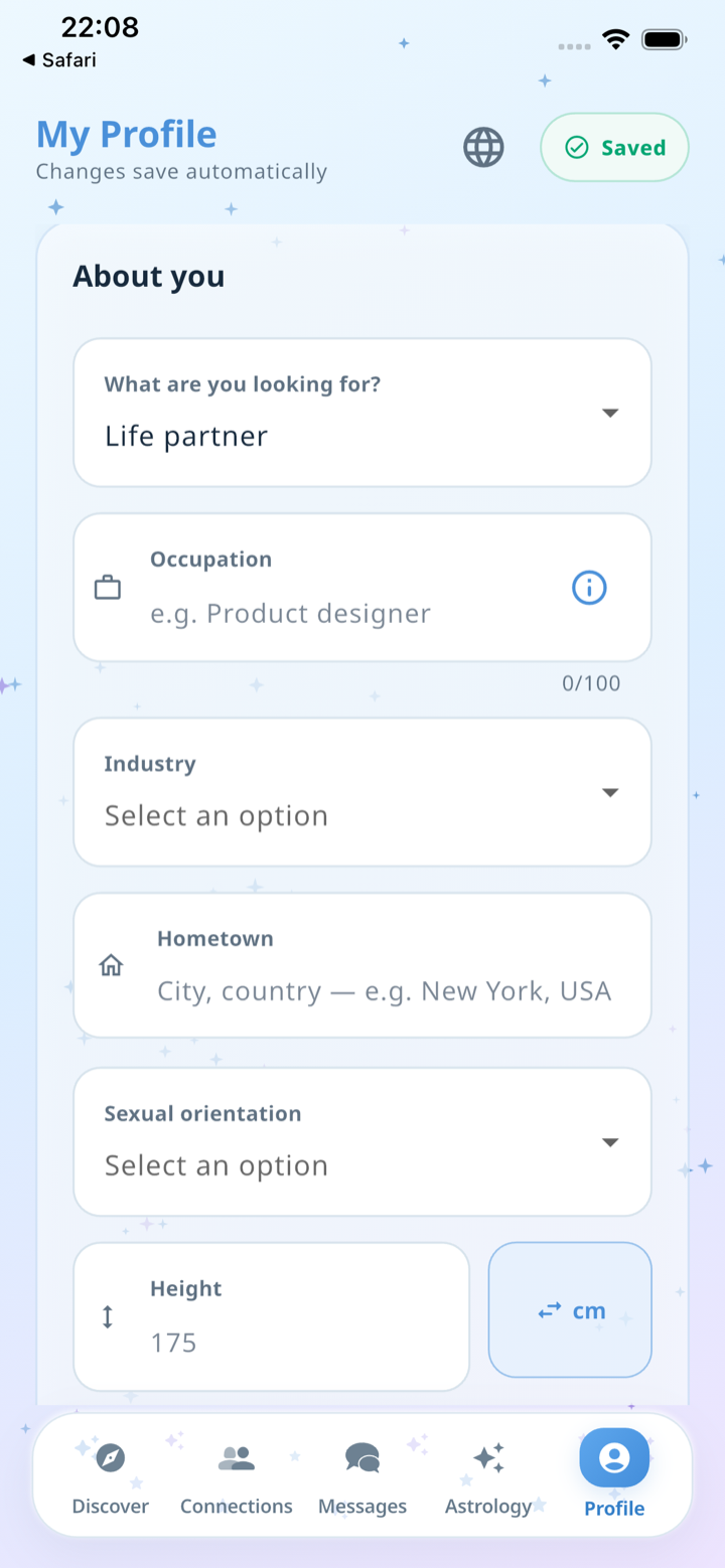 Cosmingle profile editor screen