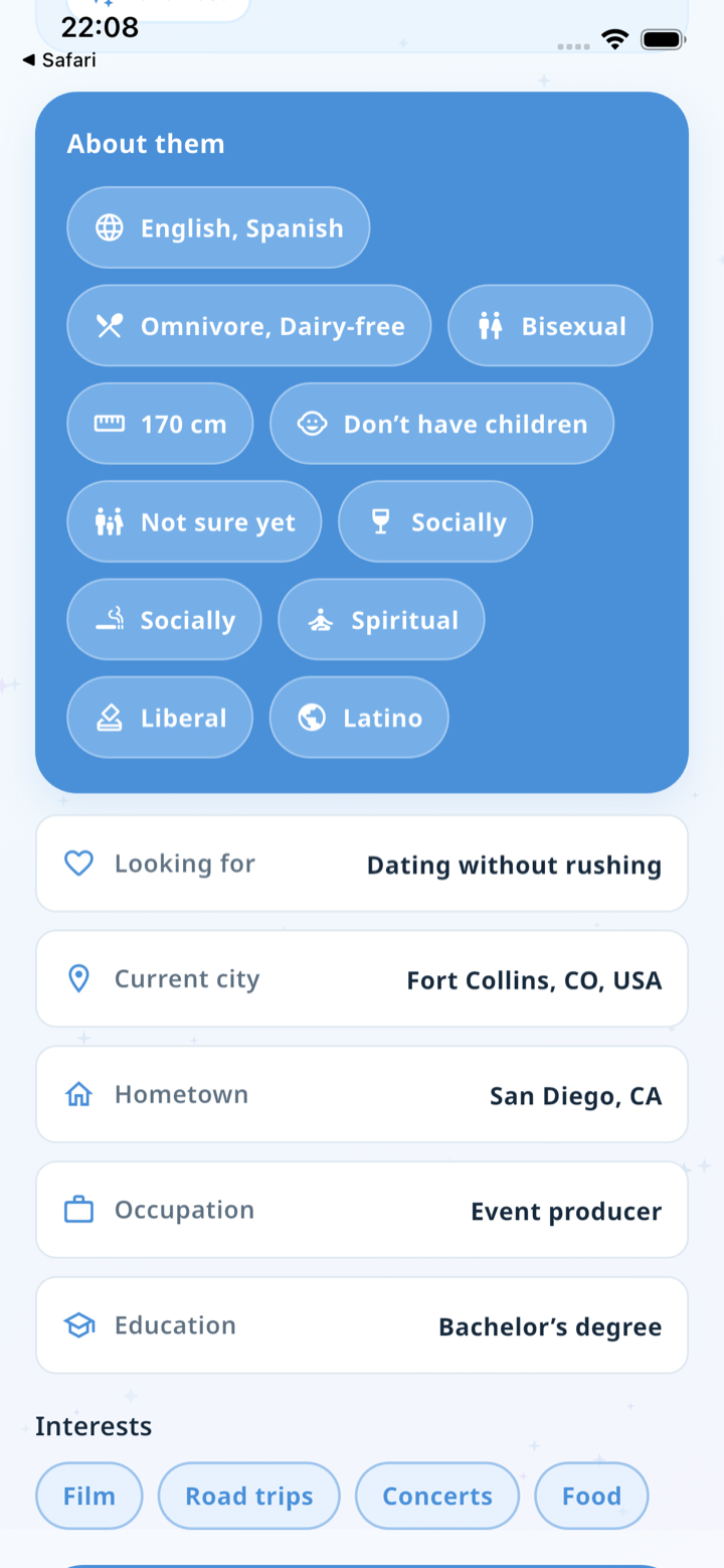 Cosmingle profile details screen